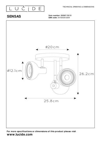 Lucide SENSAS - Spot plafond - Ø 25,8 cm - 3xGU10 (ES111) - Blanc - TECHNISCH